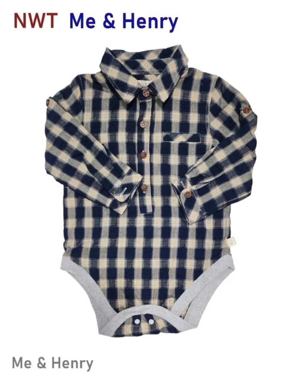 Me & Henry Navy & Cream Plaid Woven Long-sleeve Cotton Bodysuit 12/18M